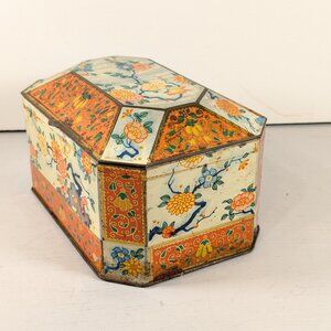 Antique Gray Dunn Biscuit Tin Chinoiserie floral litho vintage storage tin